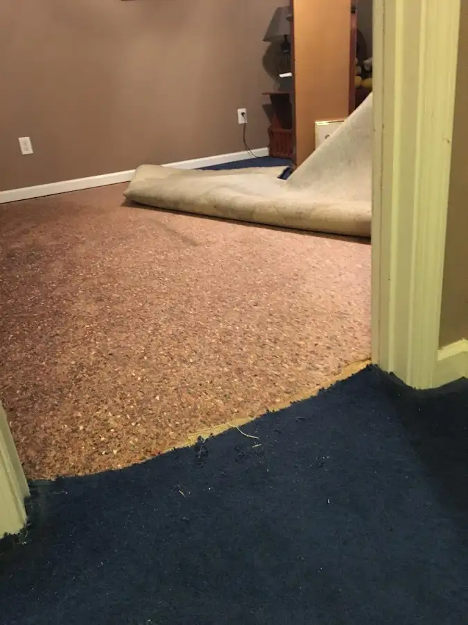 Carpet pad removal revealing water damage during Drying & Dehumidification in Laplace
